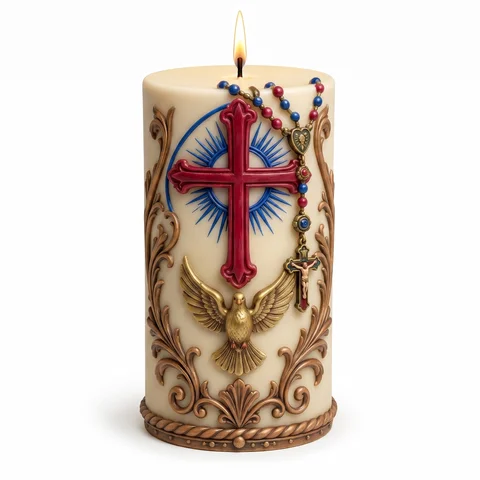 Círio decorativo Espírito Santo com Cruz e Terço